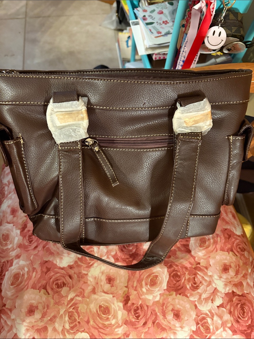 Brown Faux Leather Tote Bag